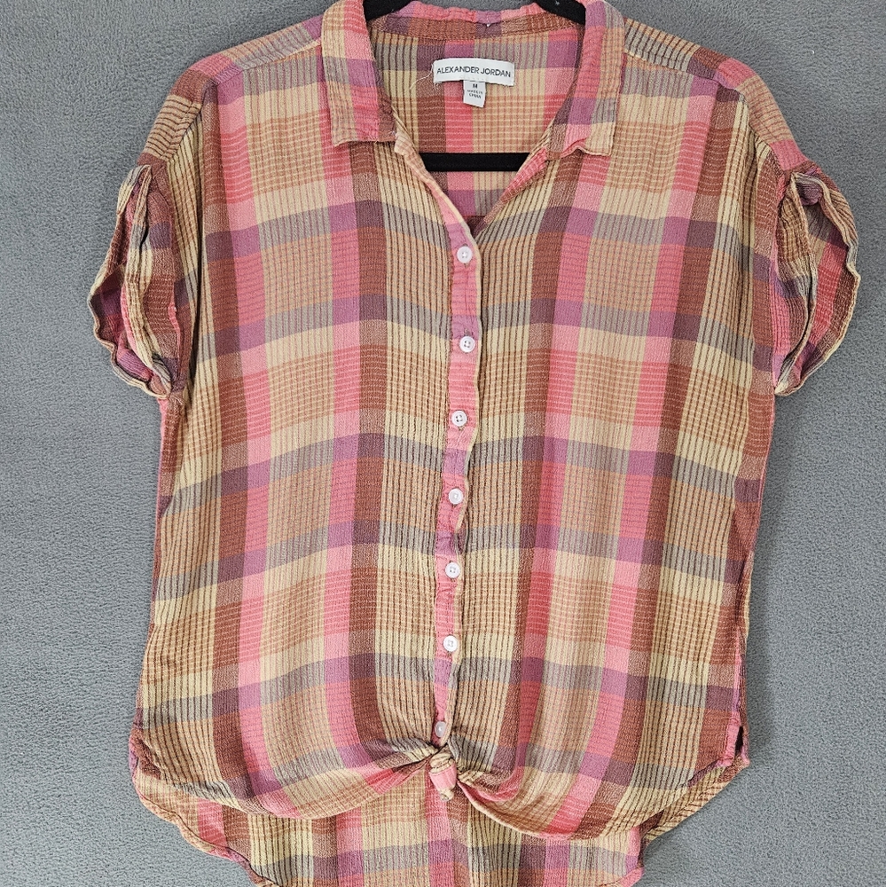 Alexander Jordan Womens Medium Button Up Plaid Shirt Cap Sleeve Front Tie Boho